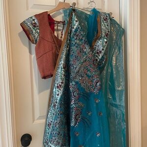 Embroidered Teal and Red Sari with Blouse